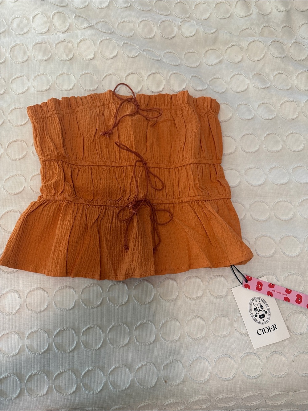 Cider Rust Orange Smocked Strapless Ruffle Crop Top